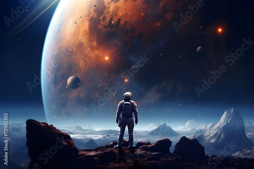 Astronaut Stargazing in Space  An artistic depiction of an astronaut gazing at the stars in the vastness of space.  