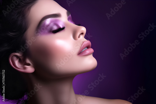 Fashion editorial Concept. Closeup portrait of stunning pretty woman with chiseled features  purple violet paint makeup. illuminated dynamic composition and dramatic lighting. copy text space