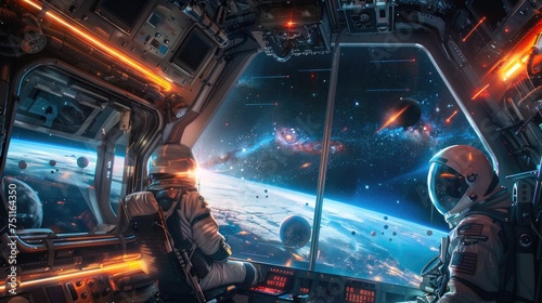 Astronauts aboard a spaceship experiencing the view of a distant galaxy