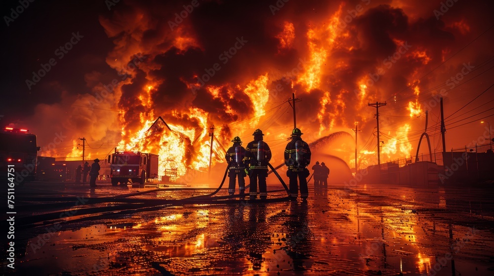 Firemen Standing in Front of Huge Fire Firemen Standing in Front of Huge Fire
