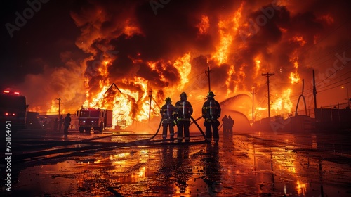 Firemen Standing in Front of Huge Fire
