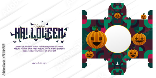 Happy Halloween banner in geometric style. Happy Halloween cover with pumpkins  spider webs and typography. Suitable for posters  greeting cards and party invitations for Halloween celebrations