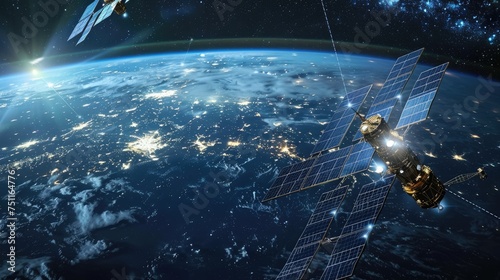 Satellite array in orbit, beaming signals across the cosmos for communication