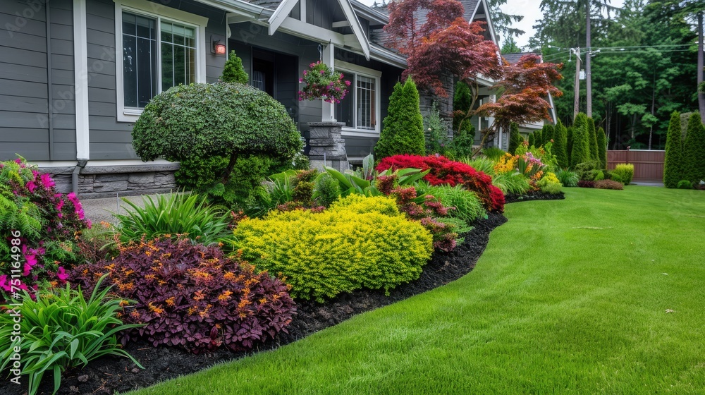 Front yard, landscape design with multicolored shrubs intersecting with bright green lawns behind the house is a modern Front yard, landscape design with multicolored shrubs intersecting with bright green lawns behind the house is a modern