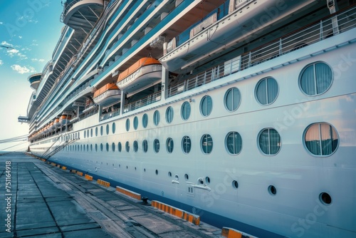 Large cruise ship docked in port close up.