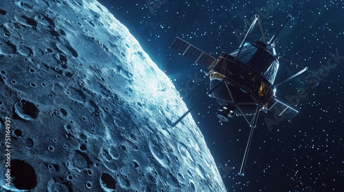 Spacecraft entering the orbit of a distant moon, ready for scientific exploration