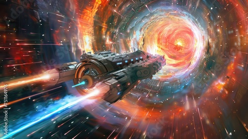 Spaceship entering a colorful wormhole  creating a mesmerizing visual effect