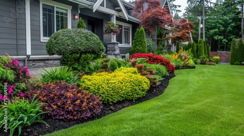 Front yard, landscape design with multicolored shrubs intersecting with bright green lawns behind the house is a modern