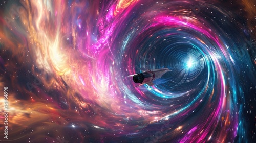 Spaceship entering a colorful wormhole  creating a mesmerizing visual effect