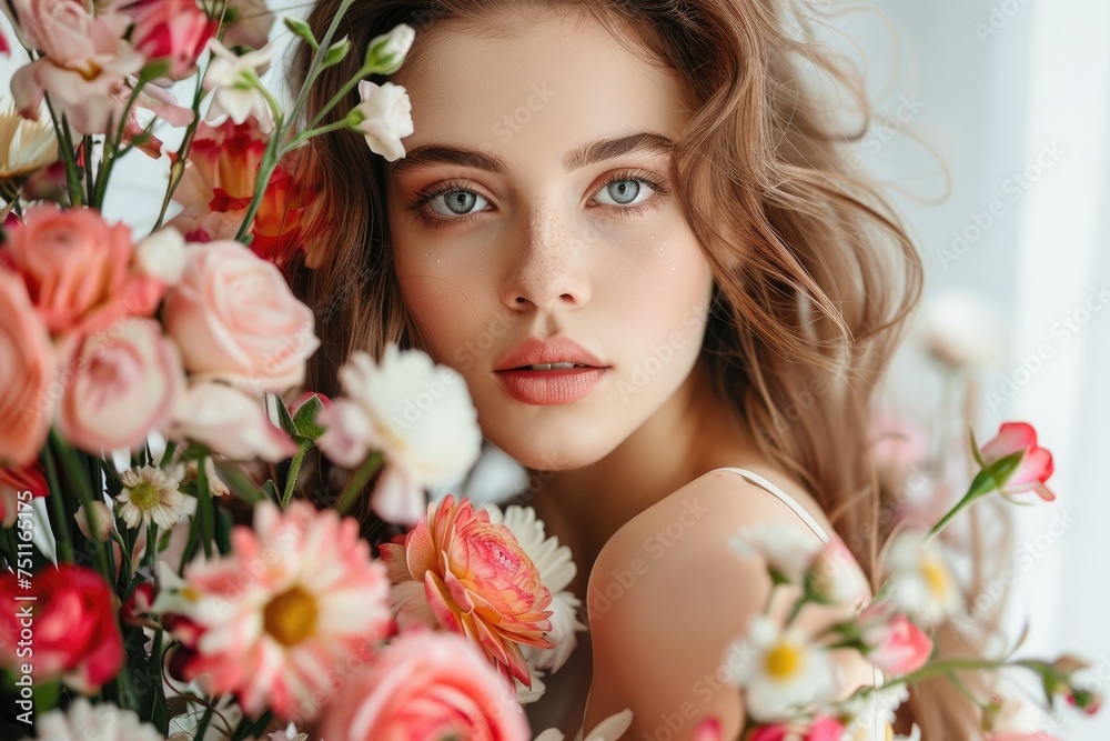 Beautiful modern woman with a bouquet of flowers