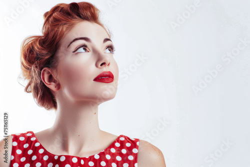 Retro portrait with a woman of the 60s isolated from the background with copy space for text photo