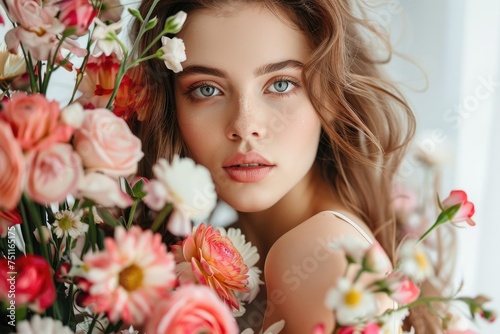 Beautiful modern woman with a bouquet of flowers