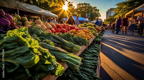 Autumn  summer Farmer s Market with fresh Vegetables  Fruits and Herbs at Sunset. Organic Vegetarian Products  Healthy Eating Concepts.