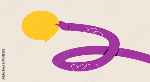 Funny long hand holding a speech bubble. Colorful vector illustration