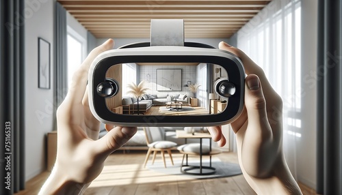 Virtual Reality mockup display living room interior design, VR showing screen mockup photo