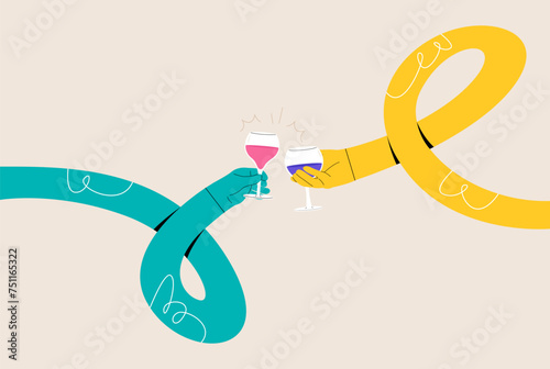 Funny long hands holding a glass of  wine. Colorful vector illustration