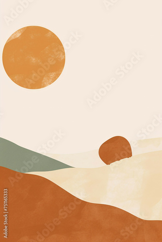 Abstract contemporary aesthetic landscapes with Sun, Sea, wave, mountains. Mid century modern minimalist line art print. Backgrounds in retro asian japanese style,