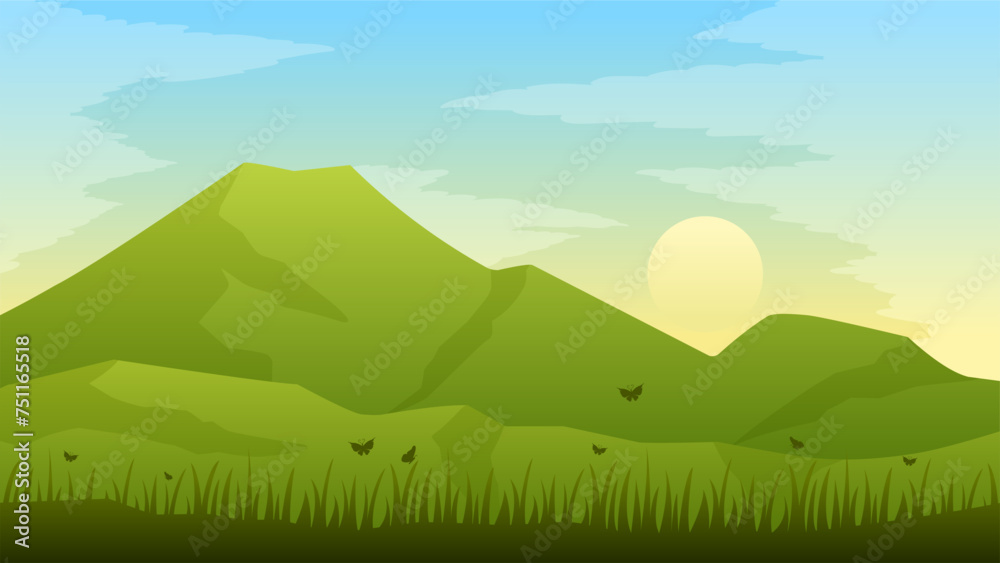 Green mountain landscape vector illustration. Scenery landscape of mountain ridge in spring season. Mountain in spring landscape for illustration, background or wallpaper