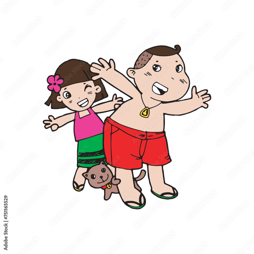 Cute cartoon Thai traditional vector illustration on white background