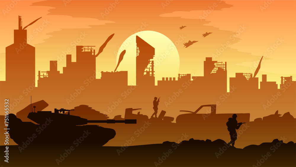 Destroyed city landscape vector illustration. Illustration of military tank and soldier in war conflict. Battlefield landscape for illustration, background or wallpaper