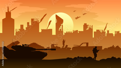 Destroyed city landscape vector illustration. Illustration of military tank and soldier in war conflict. Battlefield landscape for illustration, background or wallpaper