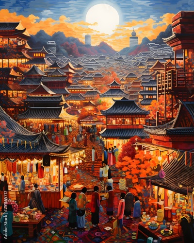 Fantasy Landscape of ancient Chinese town in the evening. Illustration