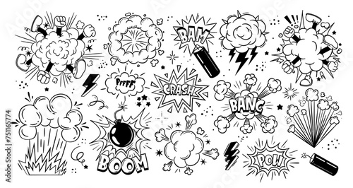 Comic bomb explosion. Cartoon brawl cloud with feet and legs. Speech explode bubbles, circle burst with bam, pow, boom, crash and bang for comic books. Vector set