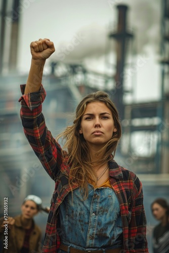 Resolute woman with raised fist, industrial setting.