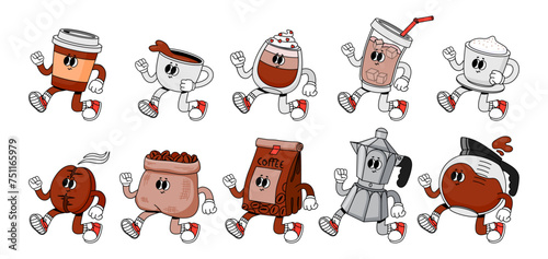 Coffee character. Vintage cute cups with drink for breakfast. Cartoon walking mug beverage and beans for coffee shops, cafe, cafeteria. Mascot caffeine espresso maker. Vector set