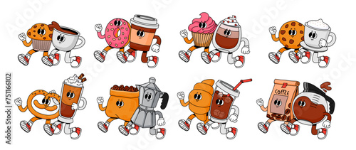 Fototapeta Naklejka Na Ścianę i Meble -  Coffee and sweets couples. Cartoon retro 70s breakfast pair in coffee shop and cafe. Mascot happy character drink. Espresso with cupcake, mug cappuccino and cookie. Vector set
