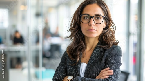 Professional woman in glasses with crossed arms in an office setting.