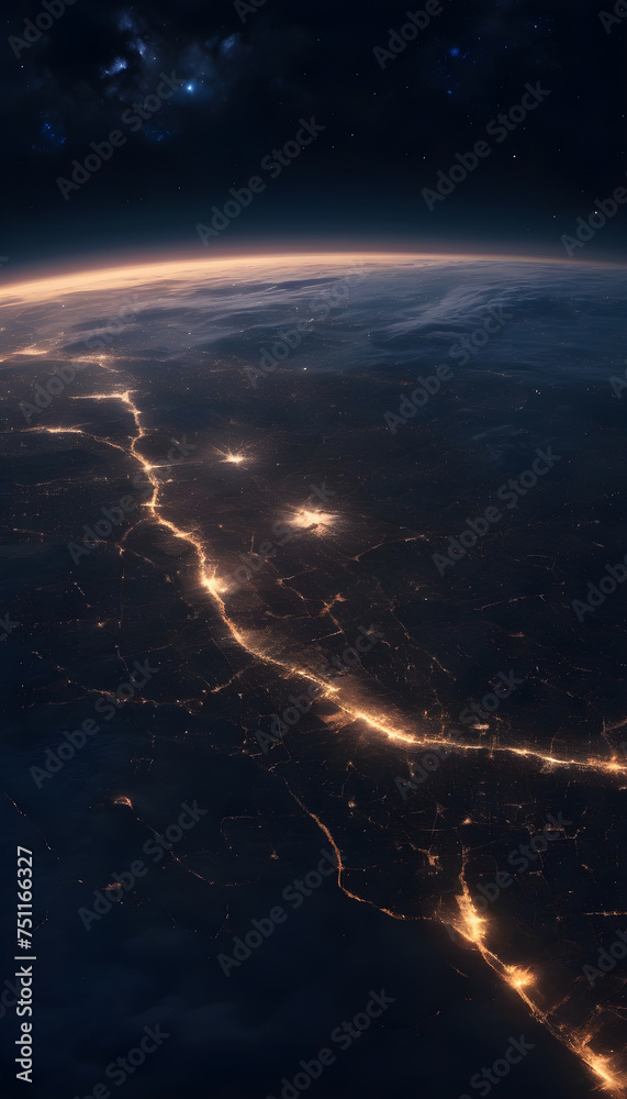 photo of the earth at night with lights shining from the sky