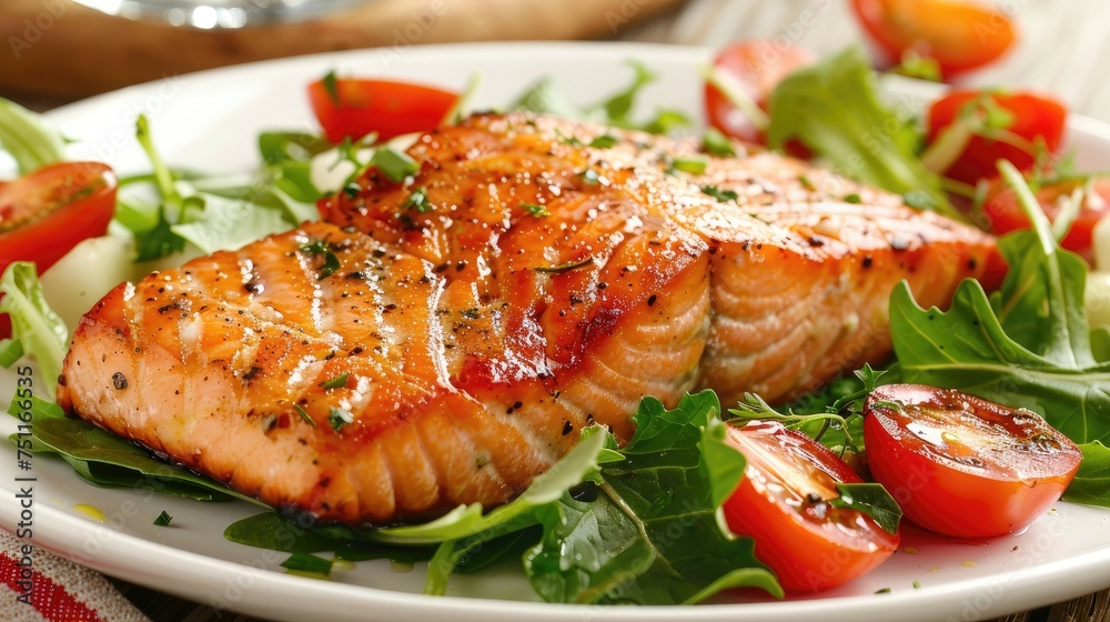 Grilled salmon steak over arugula with cherry tomatoes on a white plate. Grilled salmon steak over arugula with cherry tomatoes on a white plate.