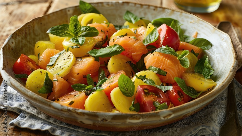 Potato, tomato, and salmon salad with basil in a rustic bowl.