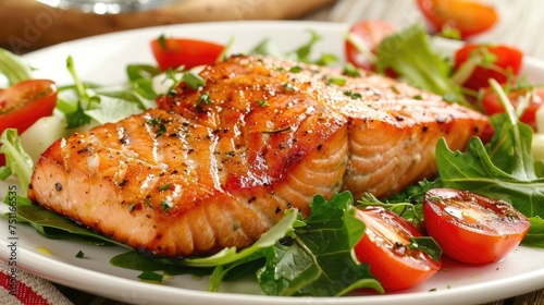 Grilled salmon steak over arugula with cherry tomatoes on a white plate.