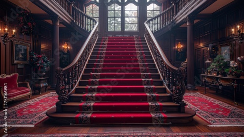 Staircase in Large Building With Red Carpet