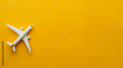 Miniature airplane model on a vibrant yellow background, symbolizing travel and adventure. © Mirador