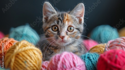 Cat Sitting Among Balls of Yarn