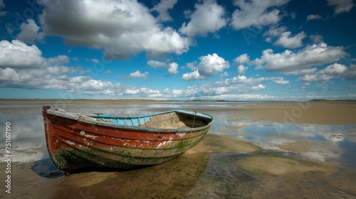 An abandoned boat gently rocking in the shallow waters  embraced by the serene palette of a cloud-strewn blue sky.