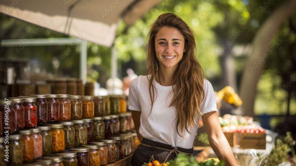 A happy young Woman is a Farmer, a Gardener, a seller behind the counter at a farmer's Market. Organic Vegetarian Products, Healthy Eating Concepts.