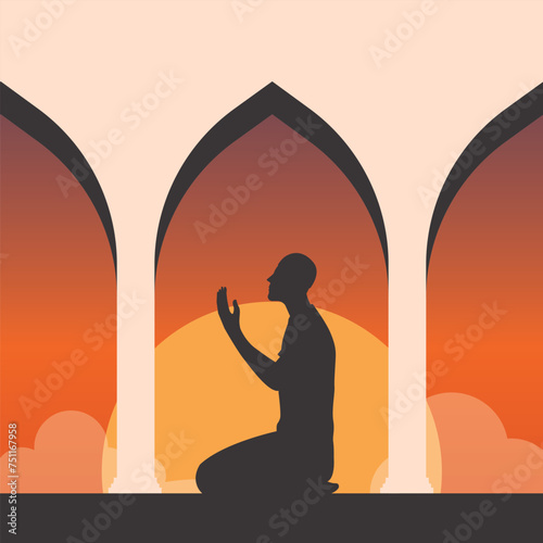 silhouette muslim praying on mosque minimalis design photo