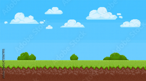Pixel art landscape. Game background with blue sky, clouds and grass. Summer day scene for 8 bit arcade games. Retro pixelated playing view. Vector illustration