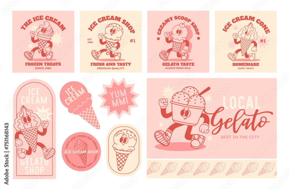 Cartoon ice cream. Comic retro happy walking mascot gelato. Vintage funny cone, nice freeze sweets stickers and card. Character ice cream scoop for cafe, shop. Vector set
