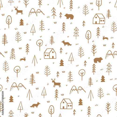 Hand drawn forest pattern. Seamless pattern with winter trees and wood houses  mountain  animals. Doodle print for wrapping paper with pine  christmas tree. Vector background