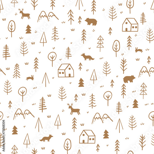 Hand drawn forest pattern. Seamless pattern with winter trees and wood houses, mountain, animals. Doodle print for wrapping paper with pine, christmas tree. Vector background