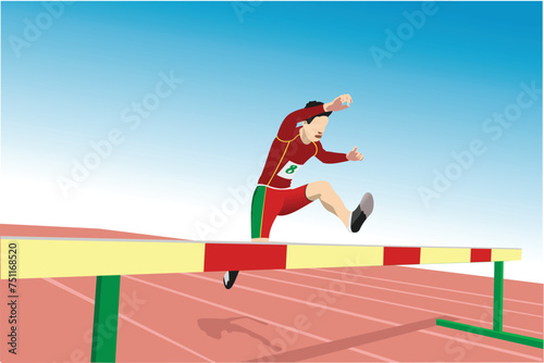Athlet sprinting over hurdles in track and field. 3d vector illustration
