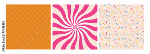 Ice cream texture. Seamless wafer and gelato pattern. Decorative waffle cone wallpaper, swirl pink cream, sweet background. Abstract dessert vector