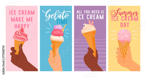 Hands hold ice cream. Cartoon different hand holding wafer cone. Card with arms with colorful gelato and freeze dessert. Summer mood poster. Vector set