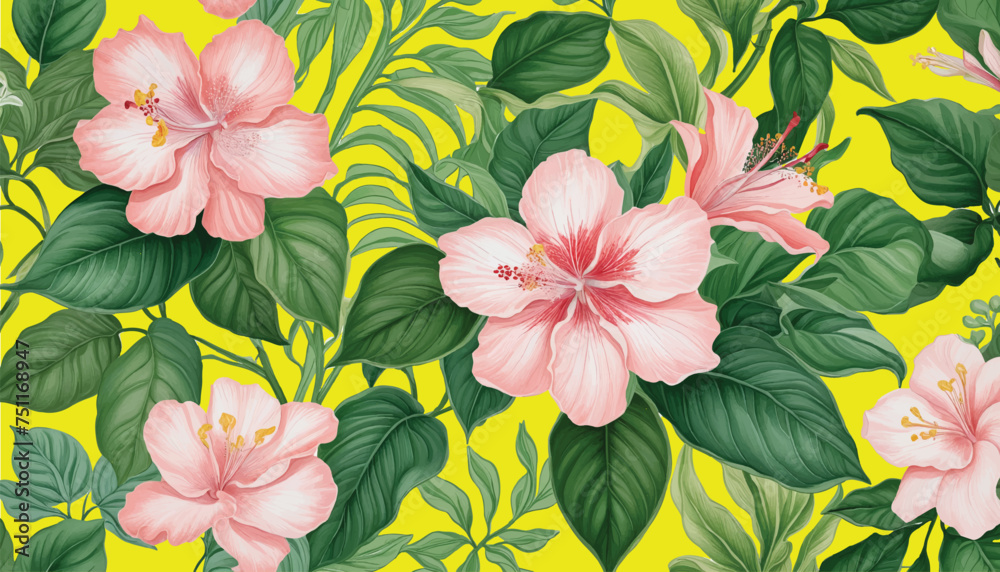 Vector background pattern with pink flowers on yellow 