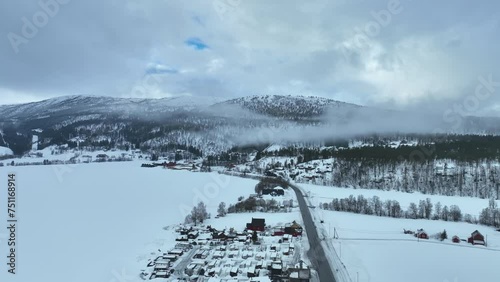 Oppheim camping and road E16 to Voss and Bergen, Aerial photo